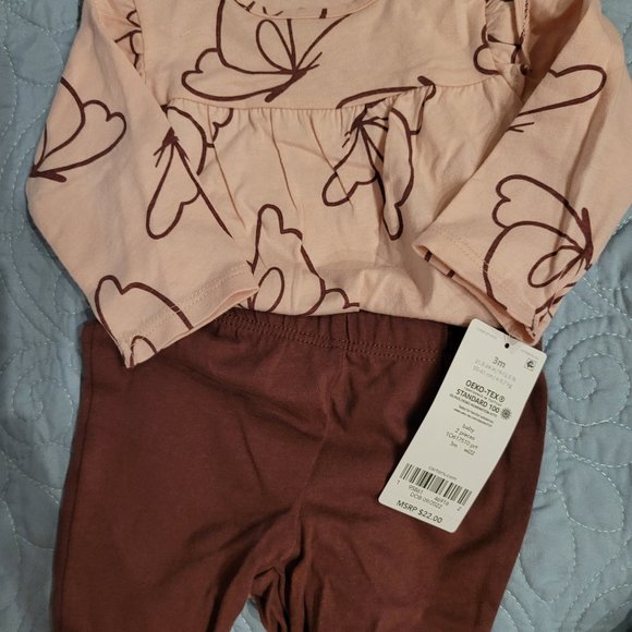 Carter's Baby Girls 2-Pc Bodysuit Set, Pink Shirt Purple Flowers & Pants w Bows - Picture 10 of 12